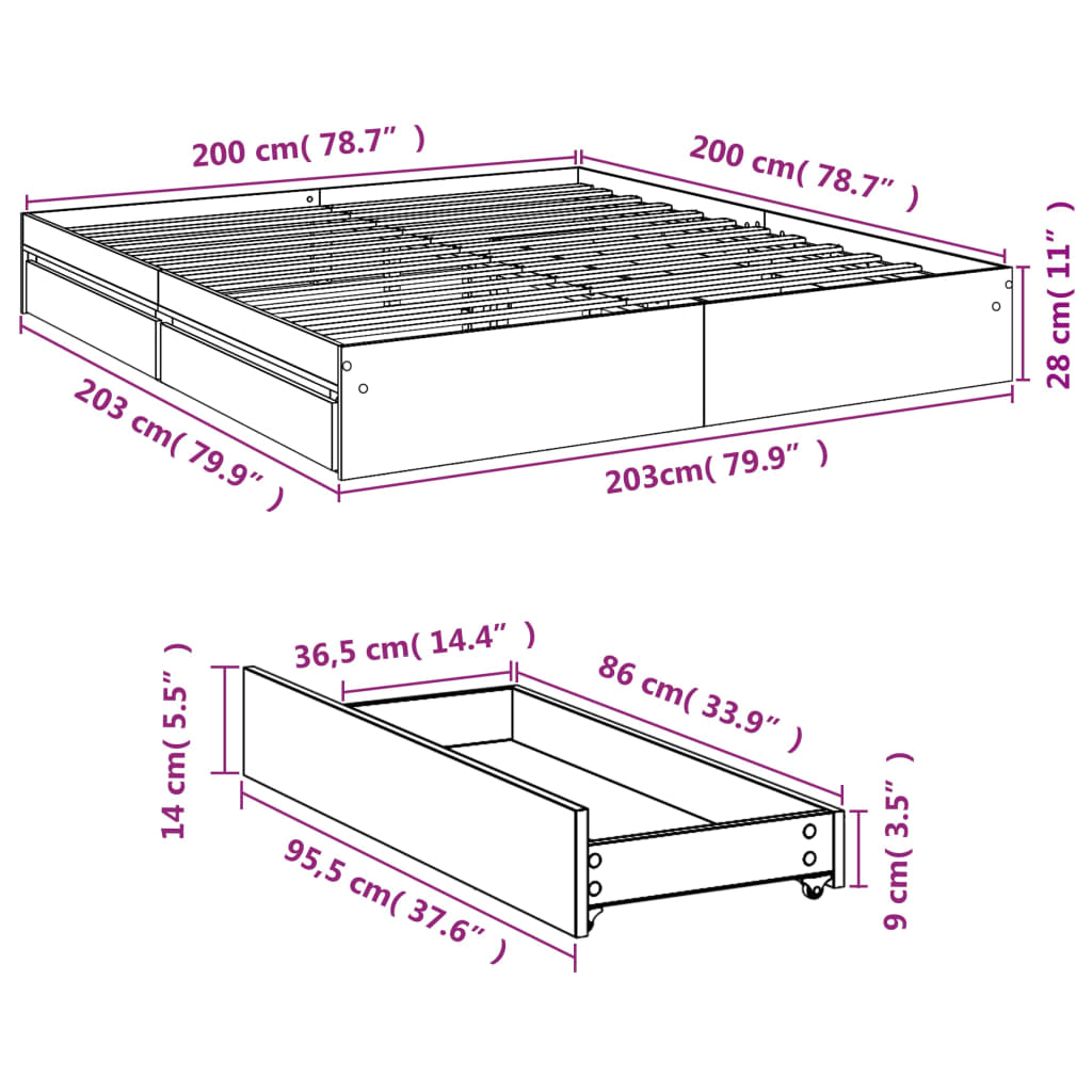 füstös tölgy színű szerelt fa ágykeret fiókokkal 200 x 200 cm