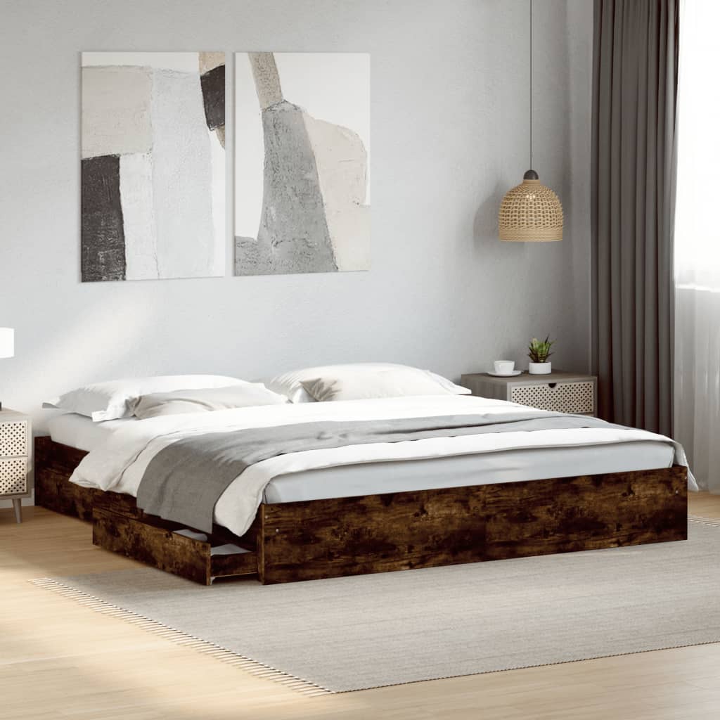 füstös tölgy színű szerelt fa ágykeret fiókokkal 200 x 200 cm