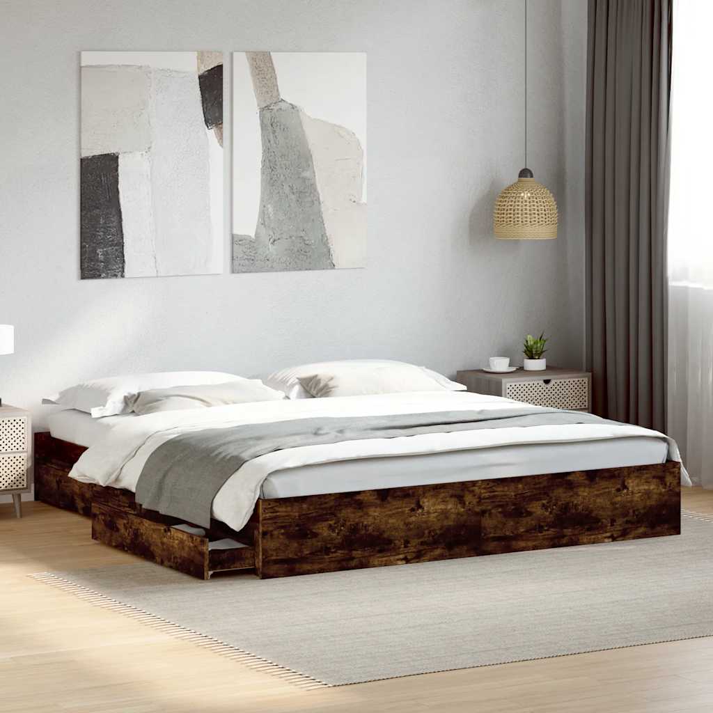 füstös tölgy színű szerelt fa ágykeret fiókokkal 180 x 200 cm