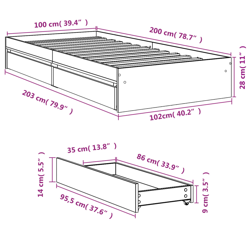 füstös tölgy színű szerelt fa ágykeret fiókokkal 100 x 200 cm