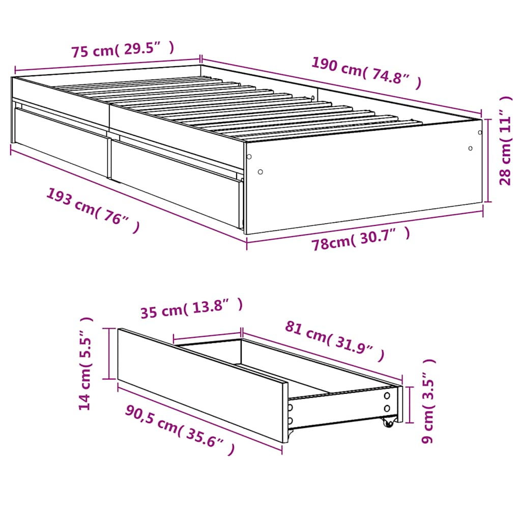 fekete szerelt fa ágykeret fiókokkal 75x190 cm