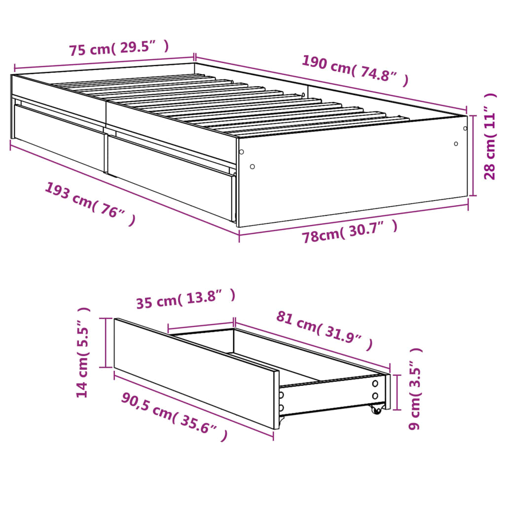 füstös tölgy színű szerelt fa ágykeret fiókokkal 75x190 cm
