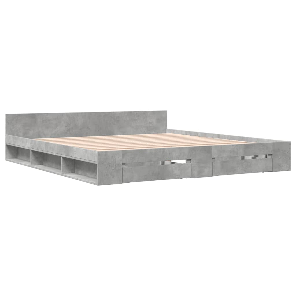 betonszürke szerelt fa ágykeret fiókokkal 200 x 200 cm