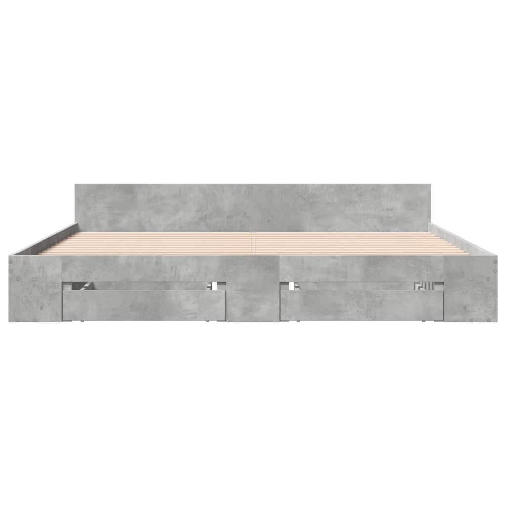 betonszürke szerelt fa ágykeret fiókokkal 200 x 200 cm