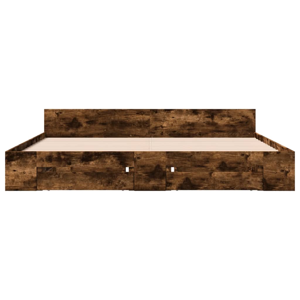 füstös tölgy színű szerelt fa ágykeret fiókokkal 200 x 200 cm