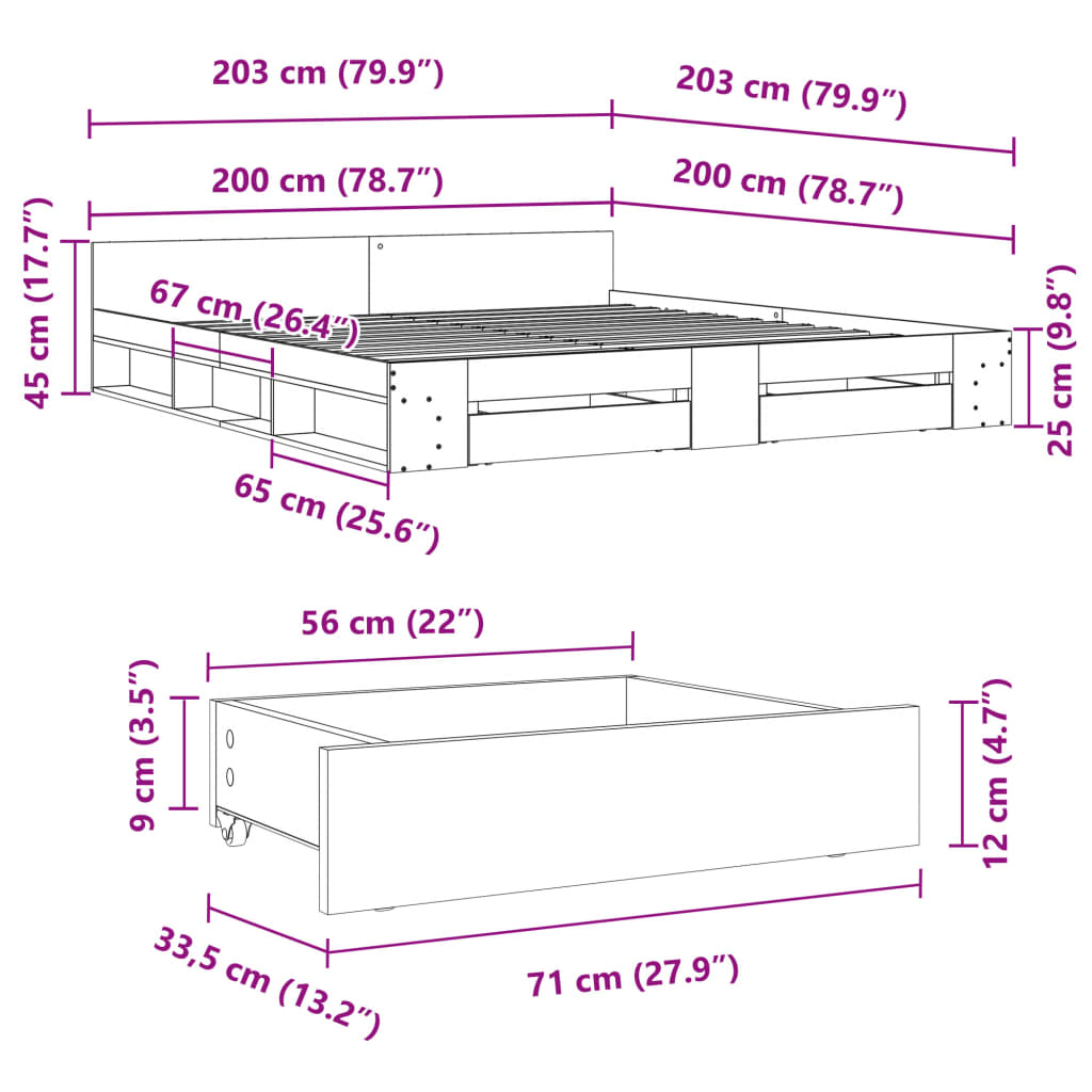 füstös tölgy színű szerelt fa ágykeret fiókokkal 200 x 200 cm