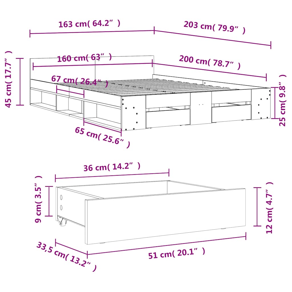 betonszürke szerelt fa ágykeret fiókokkal 160 x 200 cm