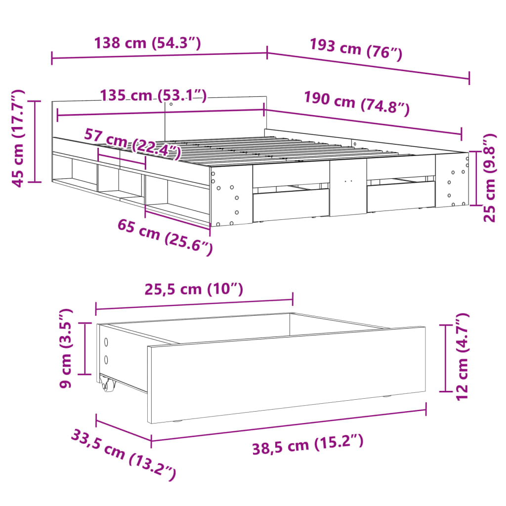 füstös tölgy színű szerelt fa ágykeret fiókokkal 135 x 190 cm
