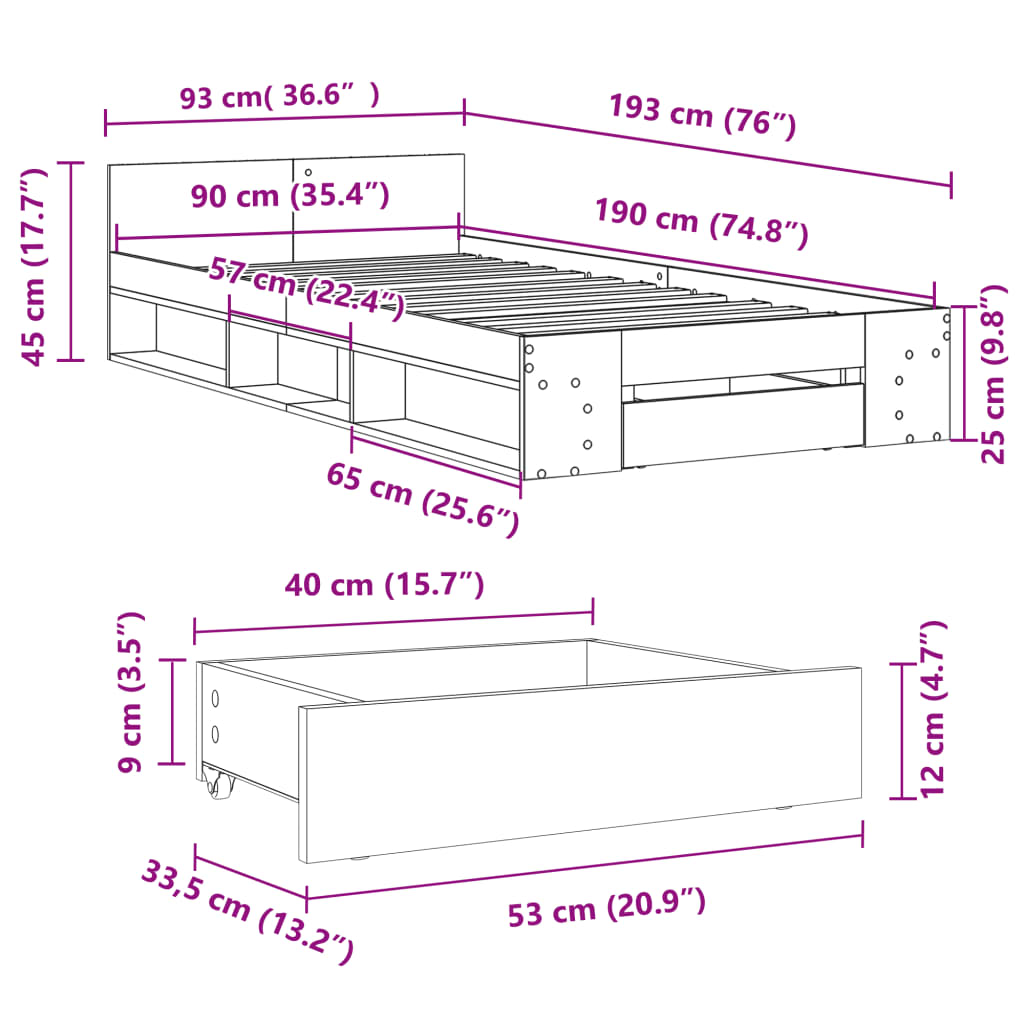 fekete szerelt fa ágykeret fiókkal 90 x 190 cm