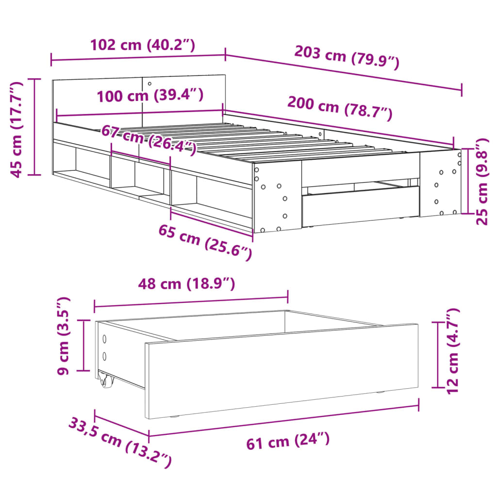 betonszürke szerelt fa ágykeret fiókkal 100 x 200 cm