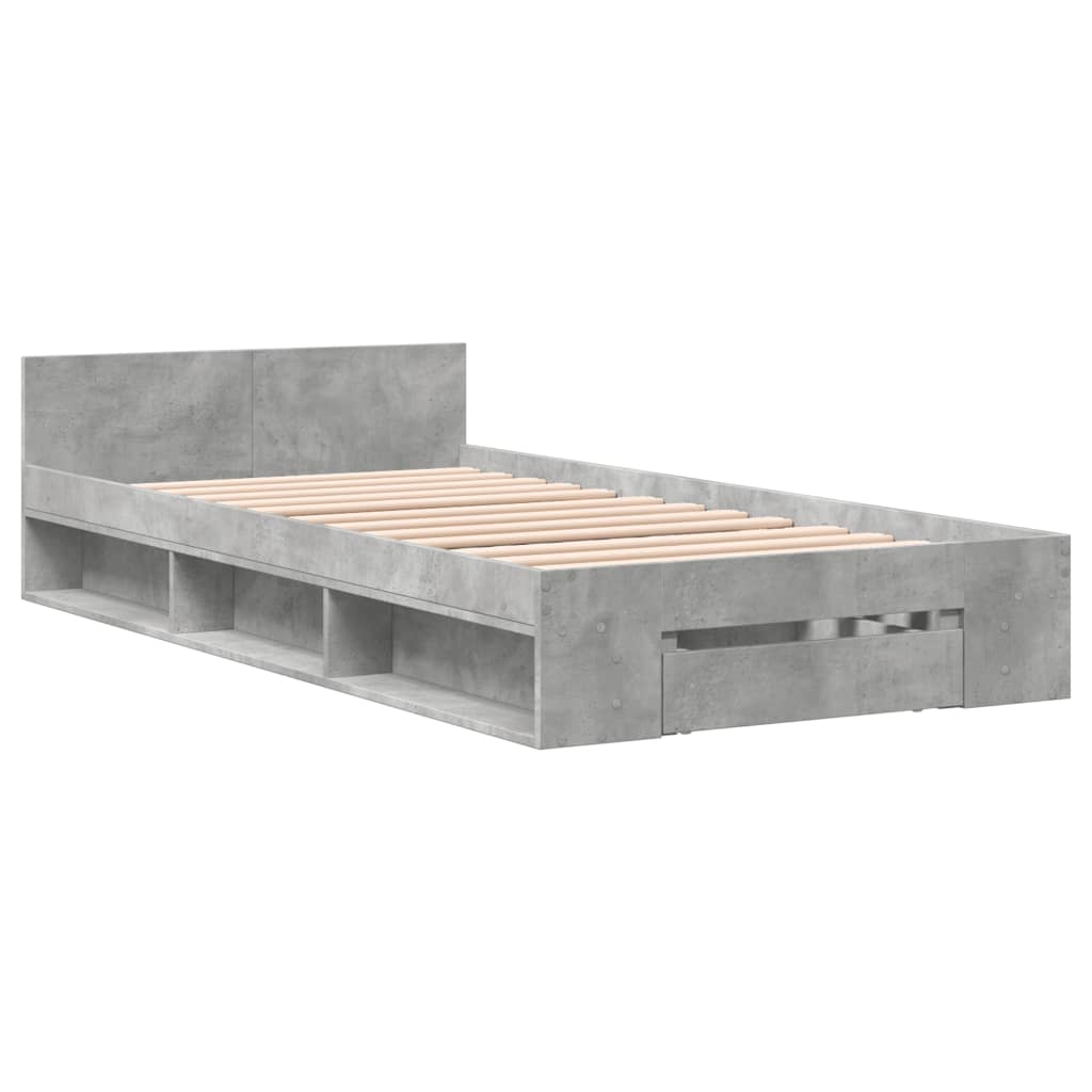betonszürke szerelt fa ágykeret fiókkal 90 x 200 cm