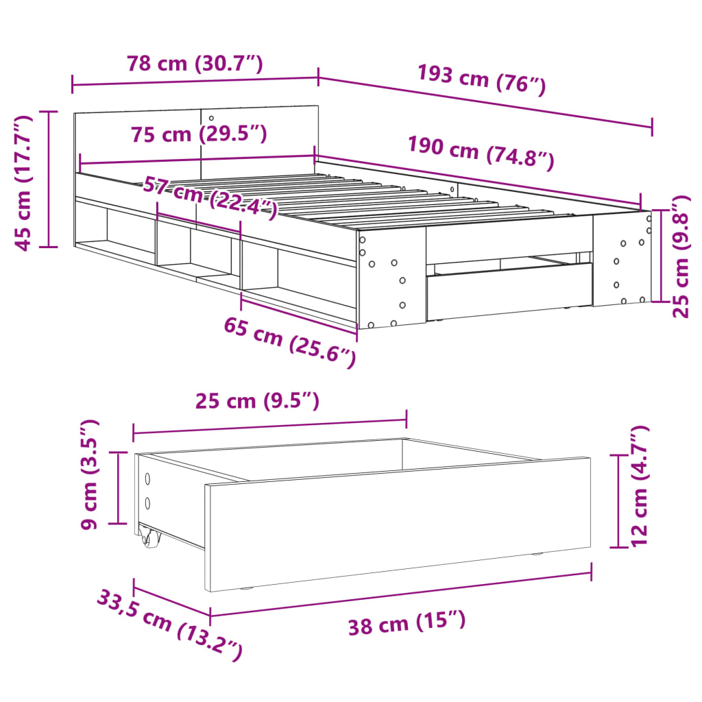 füstös tölgy színű szerelt fa ágykeret fiókkal 75x190 cm