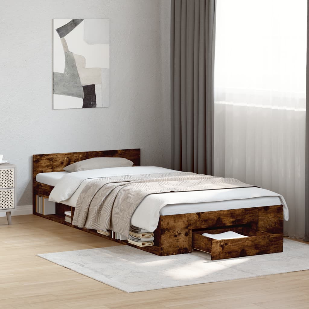 füstös tölgy színű szerelt fa ágykeret fiókkal 75x190 cm