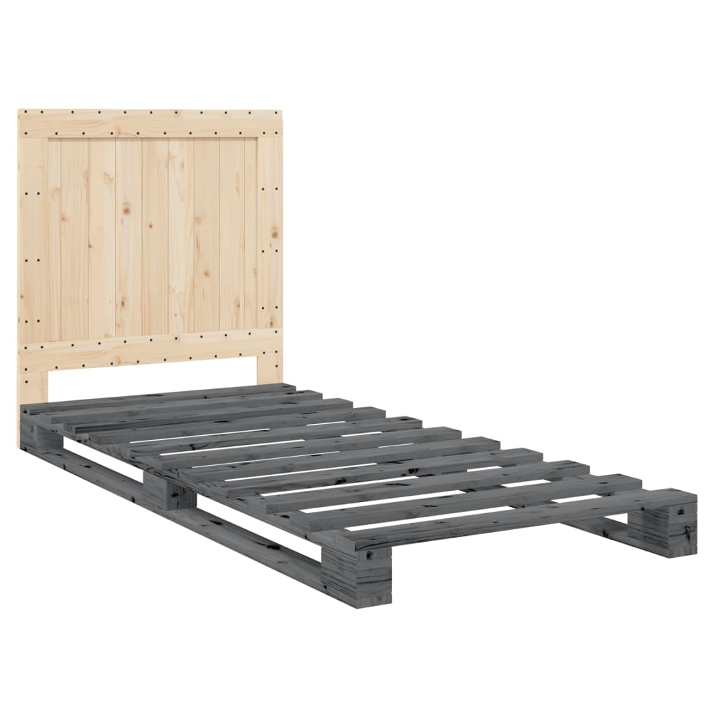 szürke tömör fenyőfa ágykeret fejtámlával 90 x 200 cm