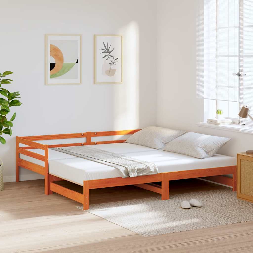 viaszbarna tömör fenyőfa kihúzható kanapéágy 90 x 200 cm