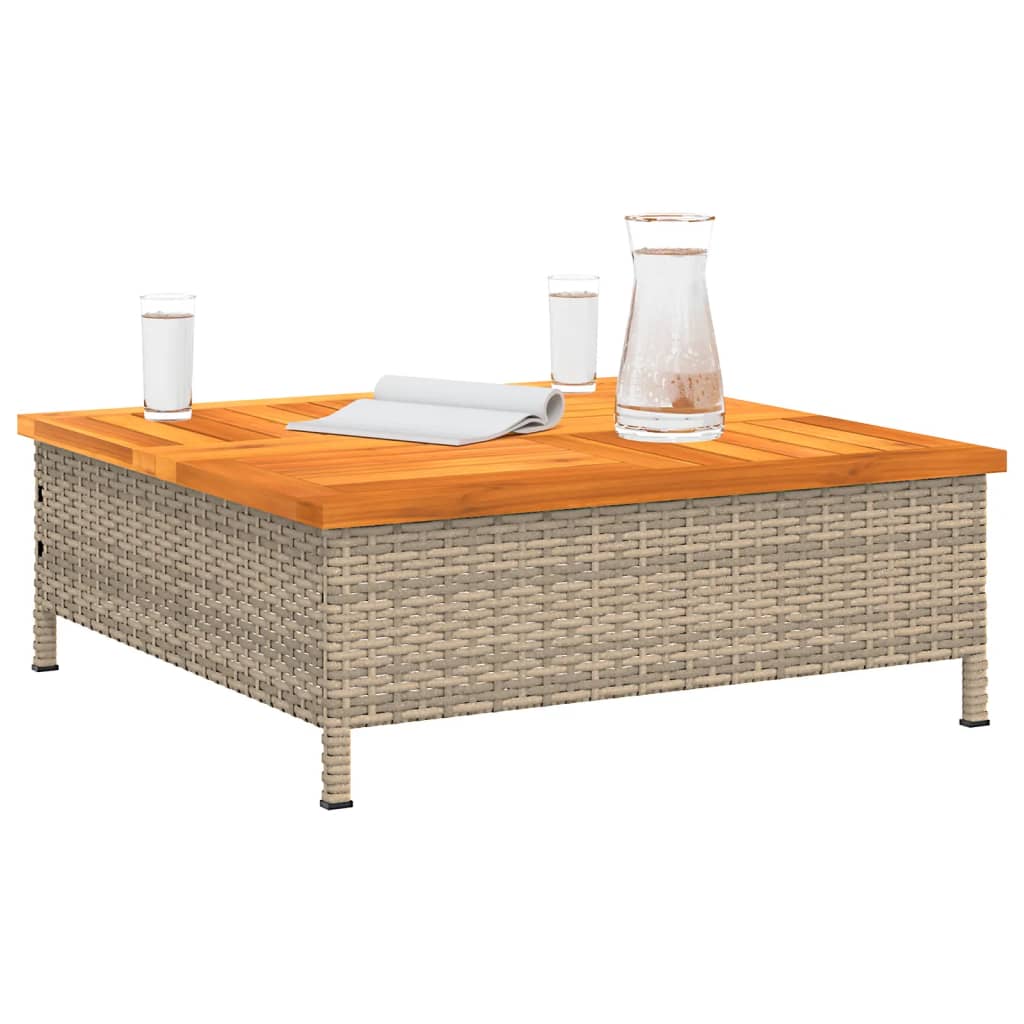 bézs polyrattan és akácfa kerti asztal 70 x 70 x 25 cm