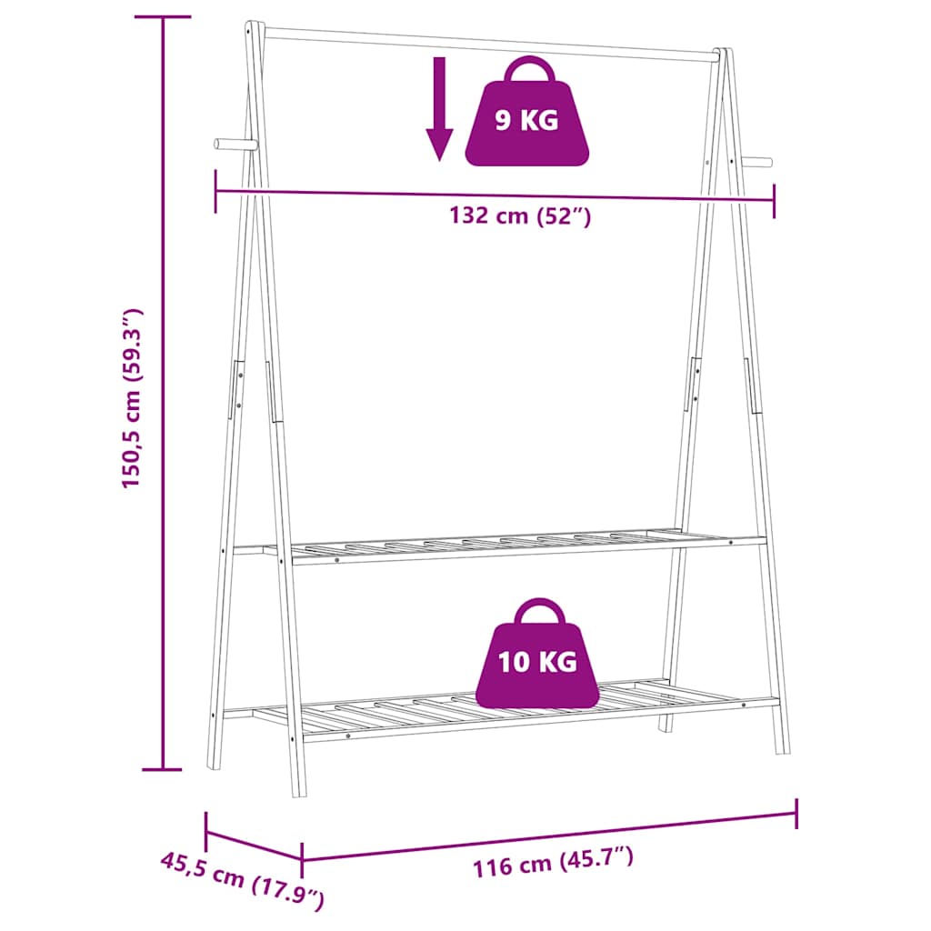 bambusz ruhaállvány polcokkal 132 x 45,5 x 150,5 cm