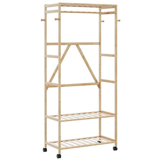 bambusz ruhaállvány polcokkal és kerekekkel 90x40x179,5 cm