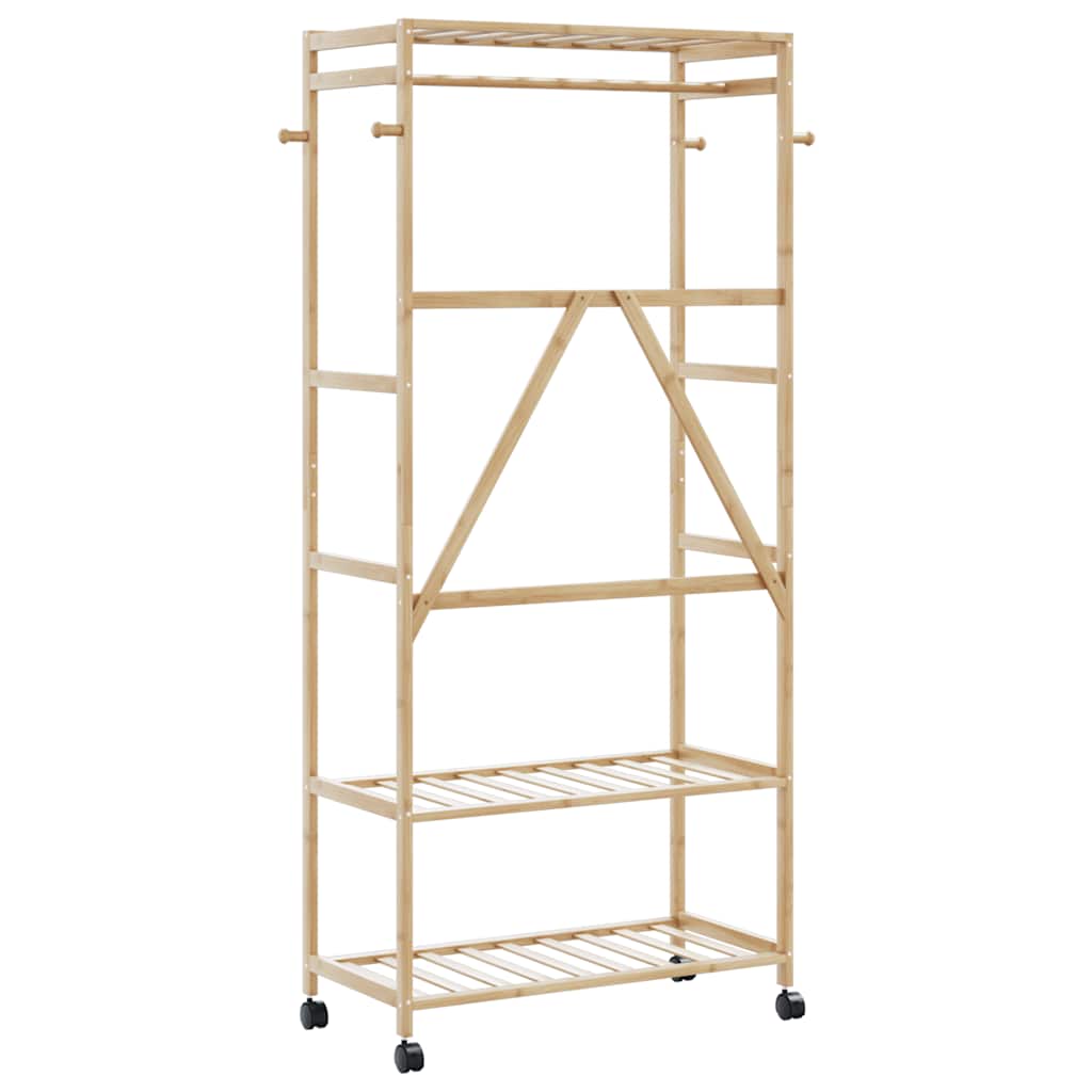 bambusz ruhaállvány polcokkal és kerekekkel 90x40x179,5 cm