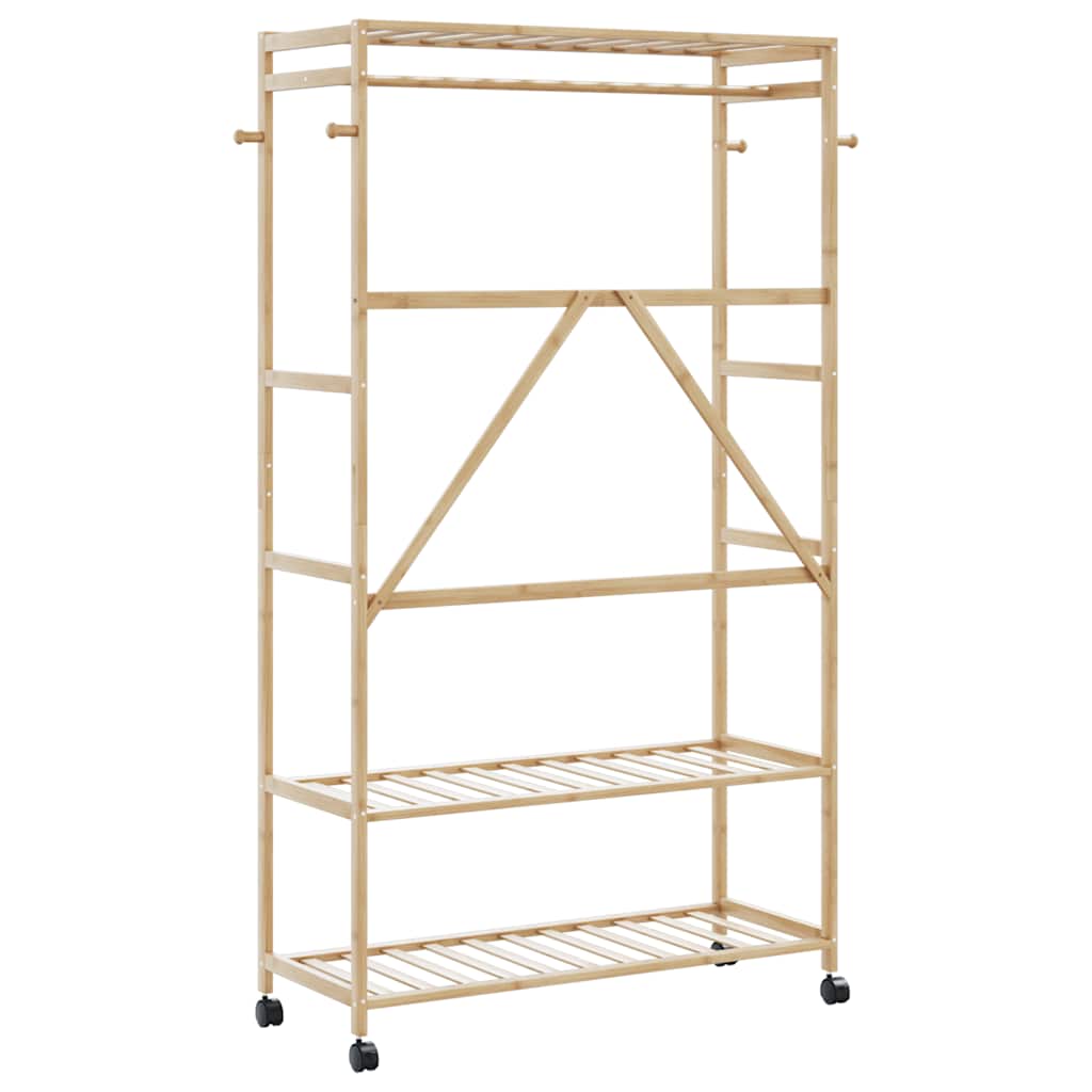 bambusz ruhaállvány polcokkal és kerekekkel 110x40x180 cm