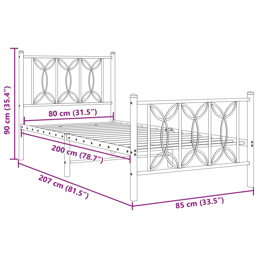 fekete fém ágykeret fej- és lábtámlával 80 x 200 cm