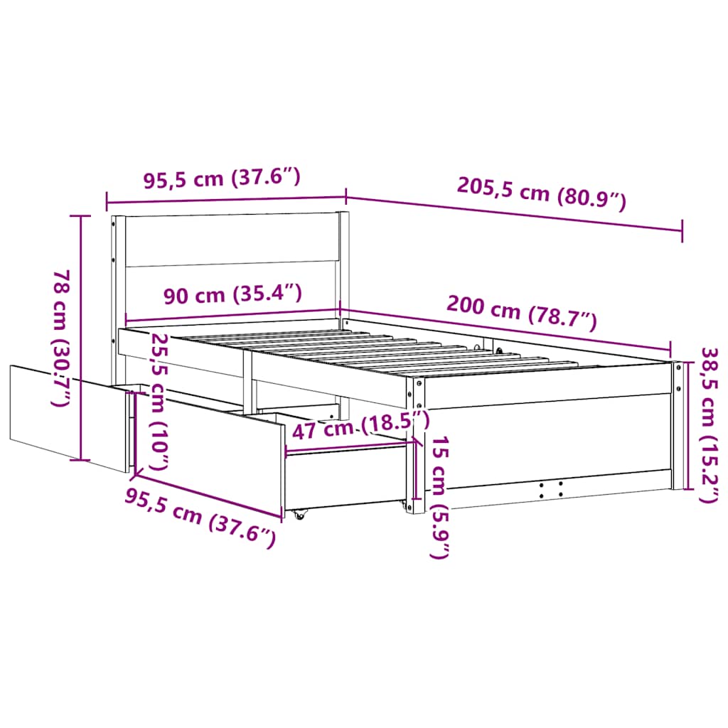 fehér tömör fenyőfa ágy matrac nélkül 90 x 200 cm