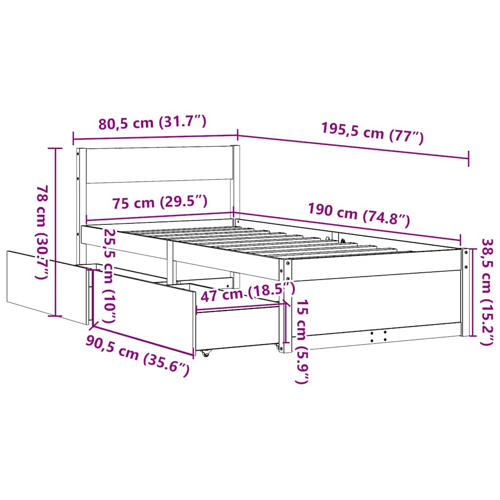 viaszbarna tömör fenyőfa ágy matrac nélkül 75 x 190 cm