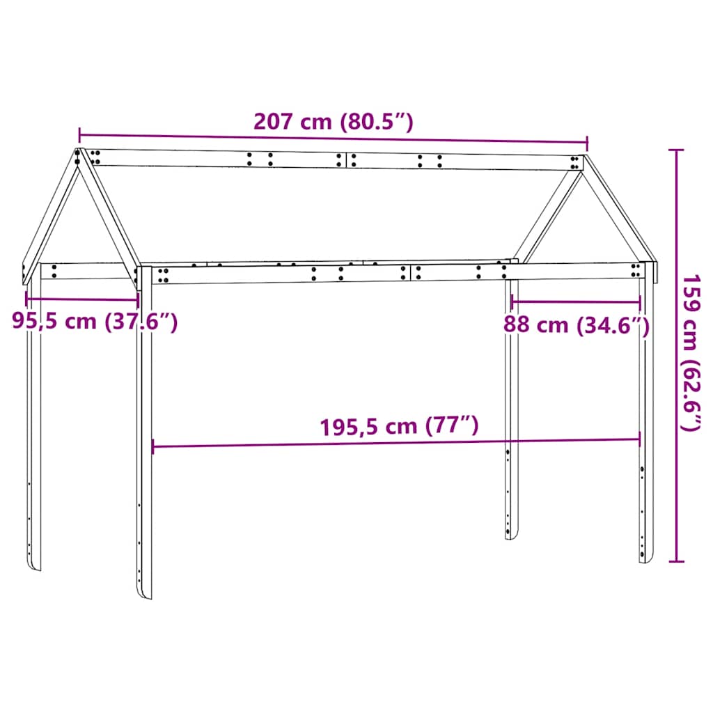 fehér tömör fenyőfa gyerekágytető 207 x 95,5 x 159 cm
