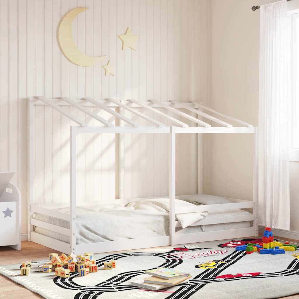 fehér tömör fenyőfa gyerekágy tetővel 90 x 200 cm
