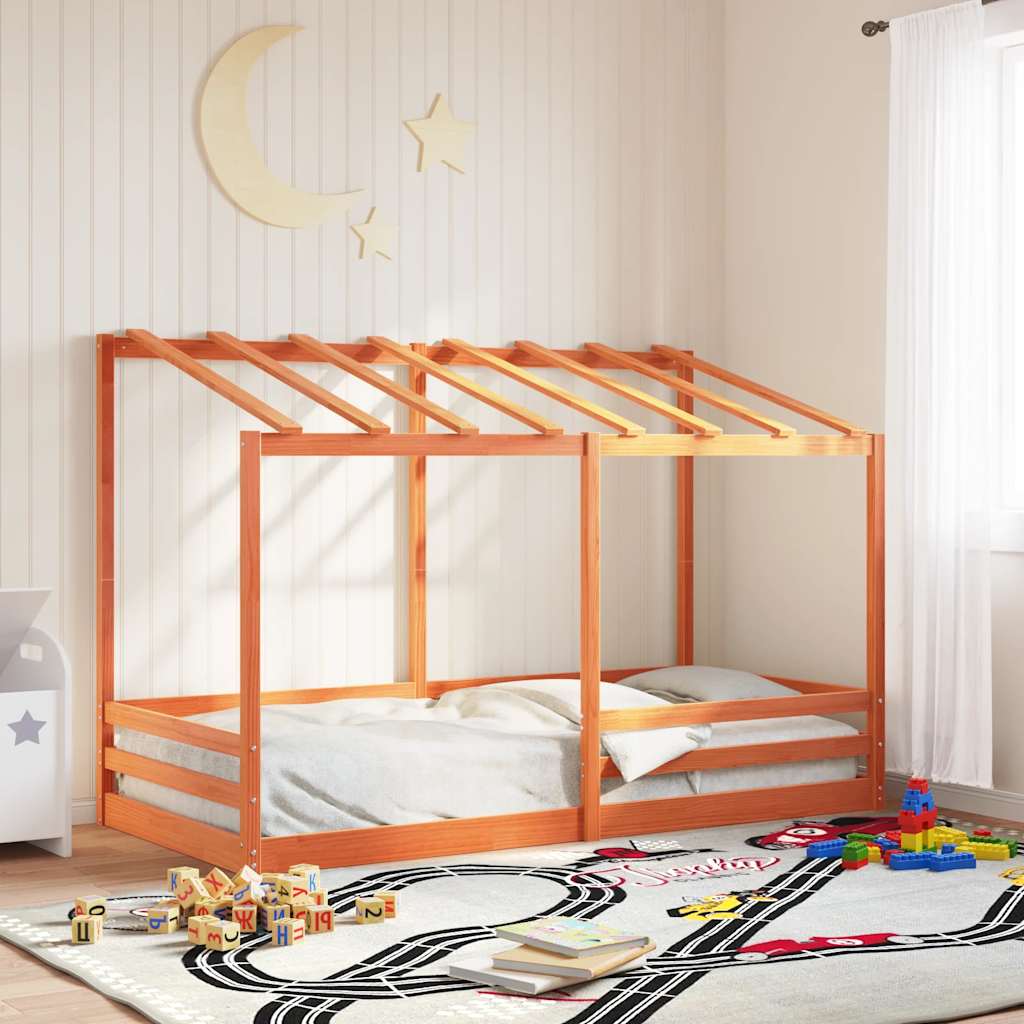 viaszbarna tömör fenyőfa gyerekágy tetővel 80 x 200 cm