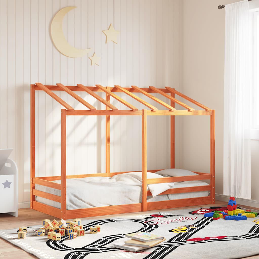 viaszbarna tömör fenyőfa gyerekágy tetővel 90 x 190 cm