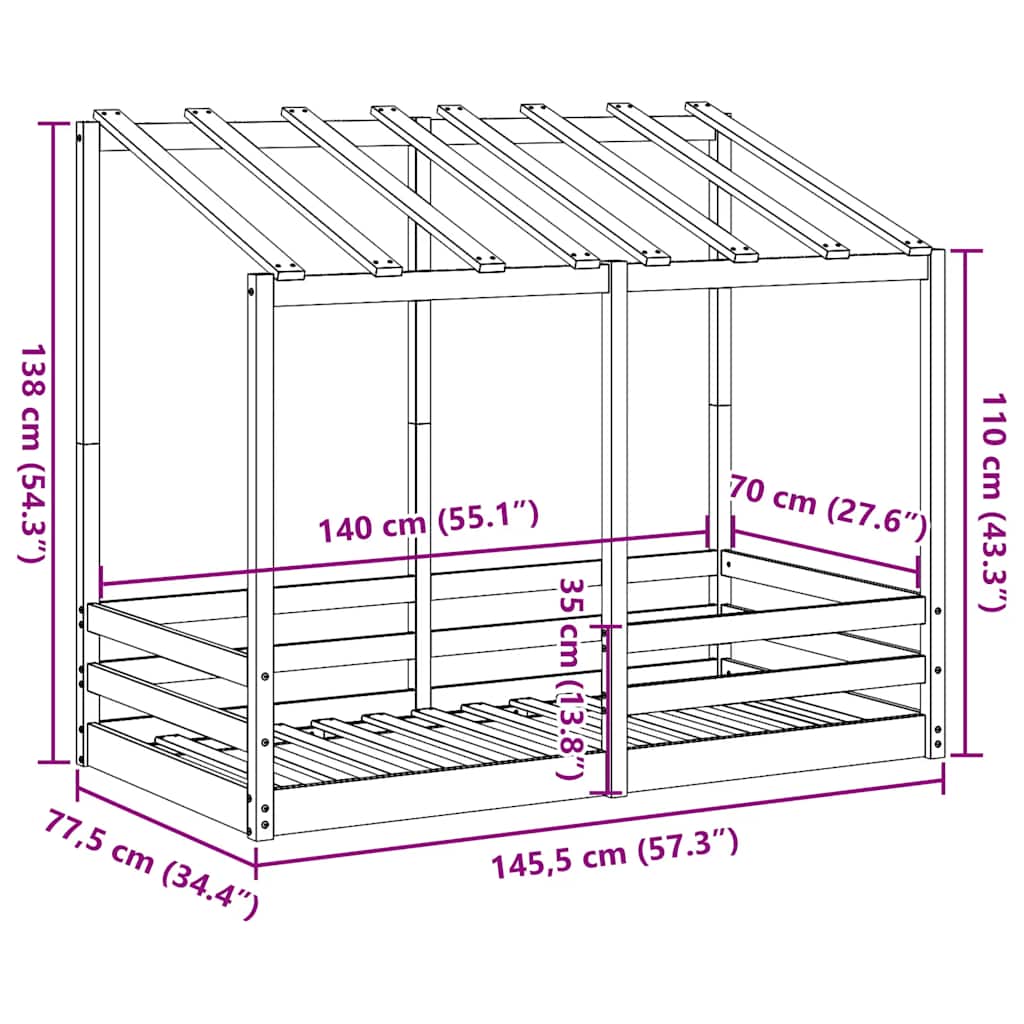 viaszbarna tömör fenyőfa gyerekágy tetővel 70 x 140 cm