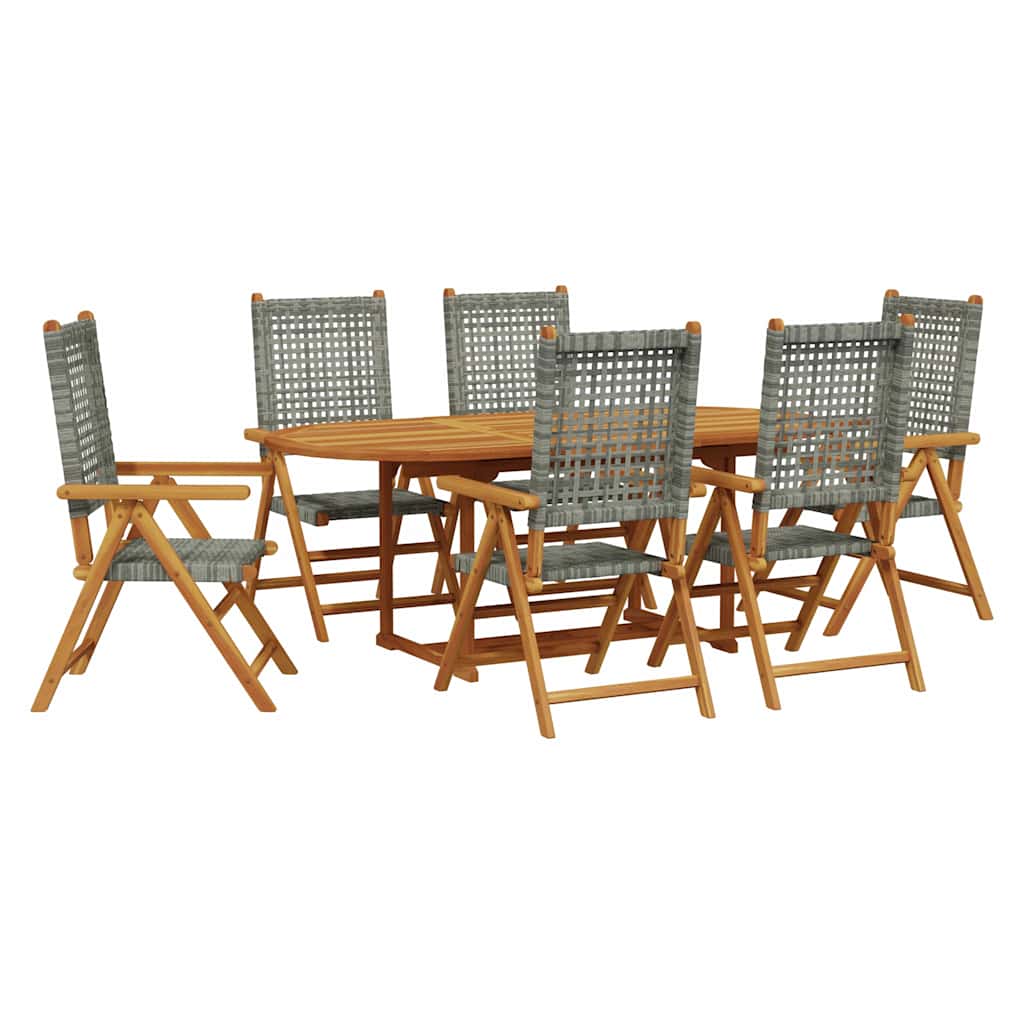 7 részes szürke polyrattan és tömör fa kerti étkezőgarnitúra