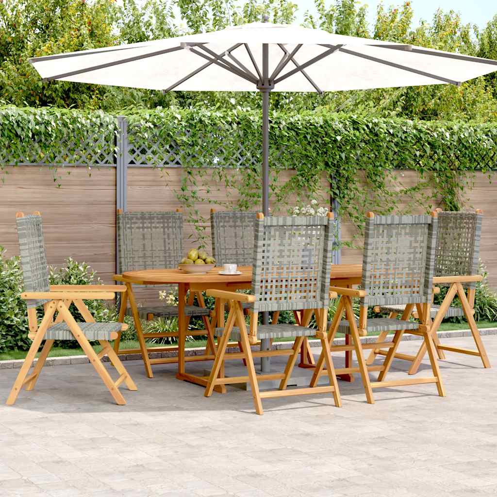 7 részes szürke polyrattan és tömör fa kerti étkezőgarnitúra