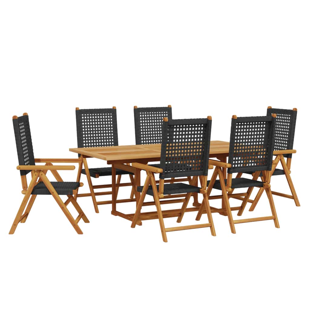 7 részes fekete polyrattan és tömör fa kerti étkezőgarnitúra