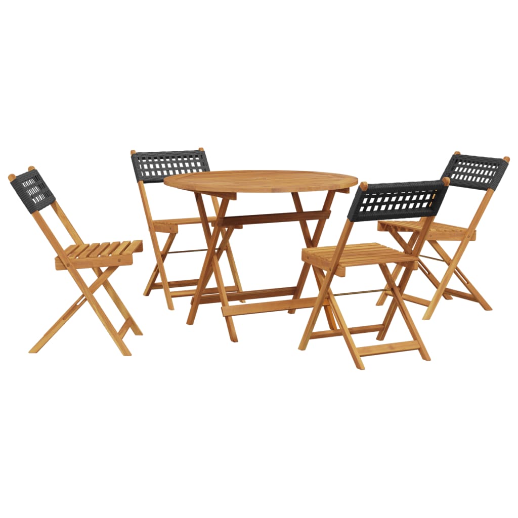 5 részes fekete polyrattan és tömör fa kerti étkezőgarnitúra