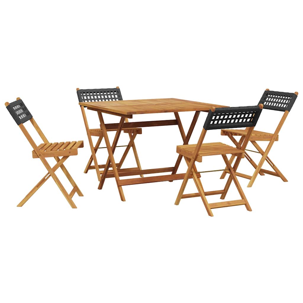 5 részes fekete polyrattan és tömör fa kerti étkezőgarnitúra