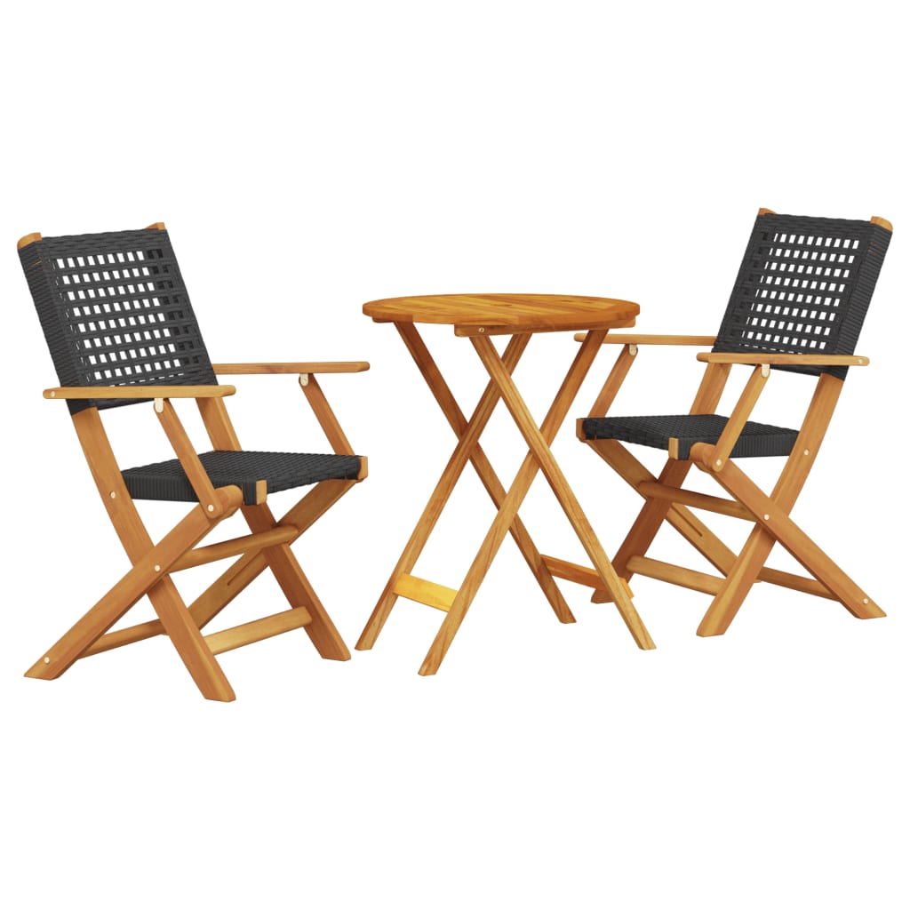 3 részes fekete polyrattan és tömör fa bisztrószett