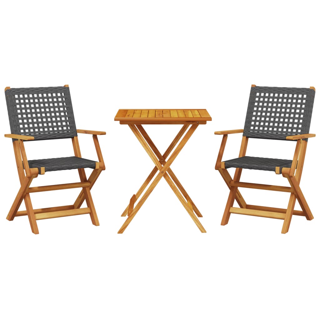 3 részes fekete polyrattan és tömör fa bisztrószett