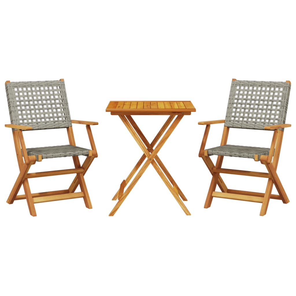 3 részes szürke polyrattan és tömör fa bisztrószett