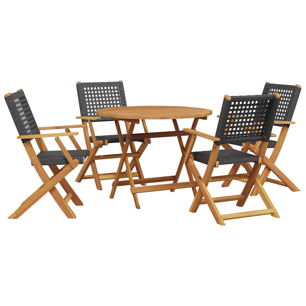5 részes fekete polyrattan és tömör fa kerti étkezőgarnitúra