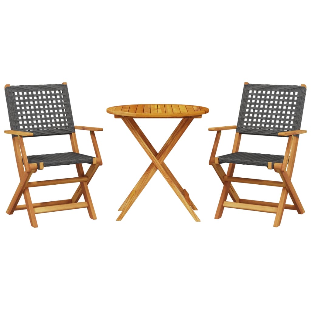 3 részes fekete polyrattan és tömör fa bisztrószett