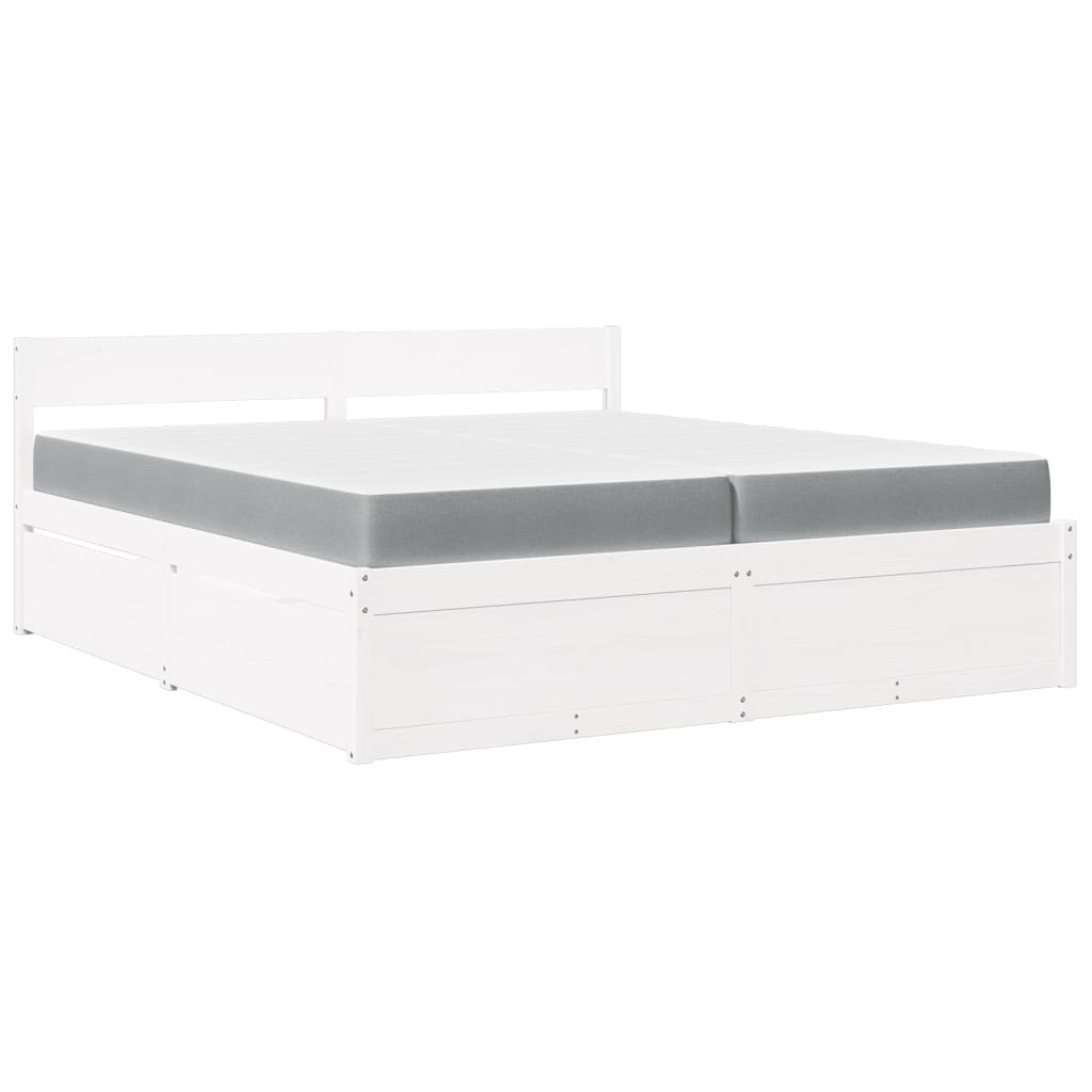 fehér tömör fenyőfa ágy fiókokkal és matraccal 200 x 200 cm
