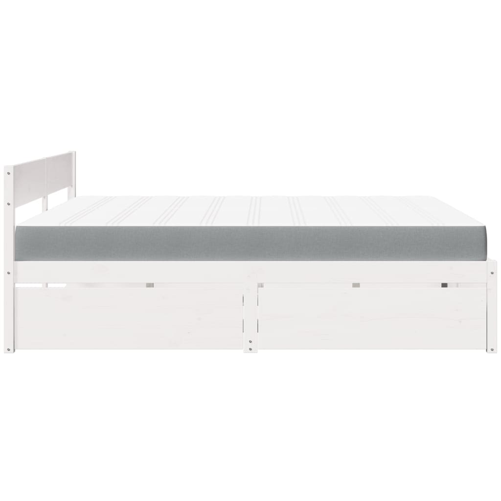 fehér tömör fenyőfa ágy fiókokkal és matraccal 200 x 200 cm