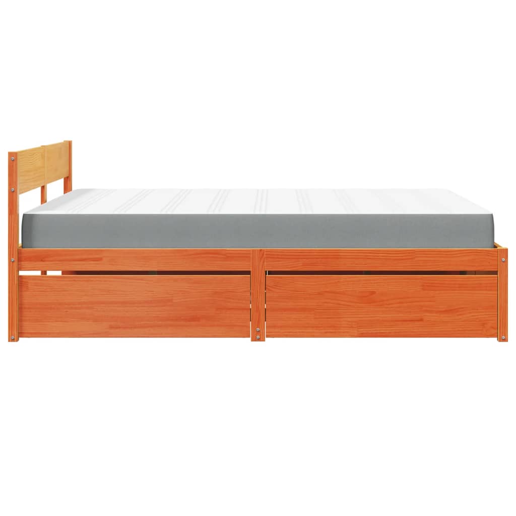 viaszbarna tömör fenyőfa ágy fiókokkal és matraccal 140x200 cm