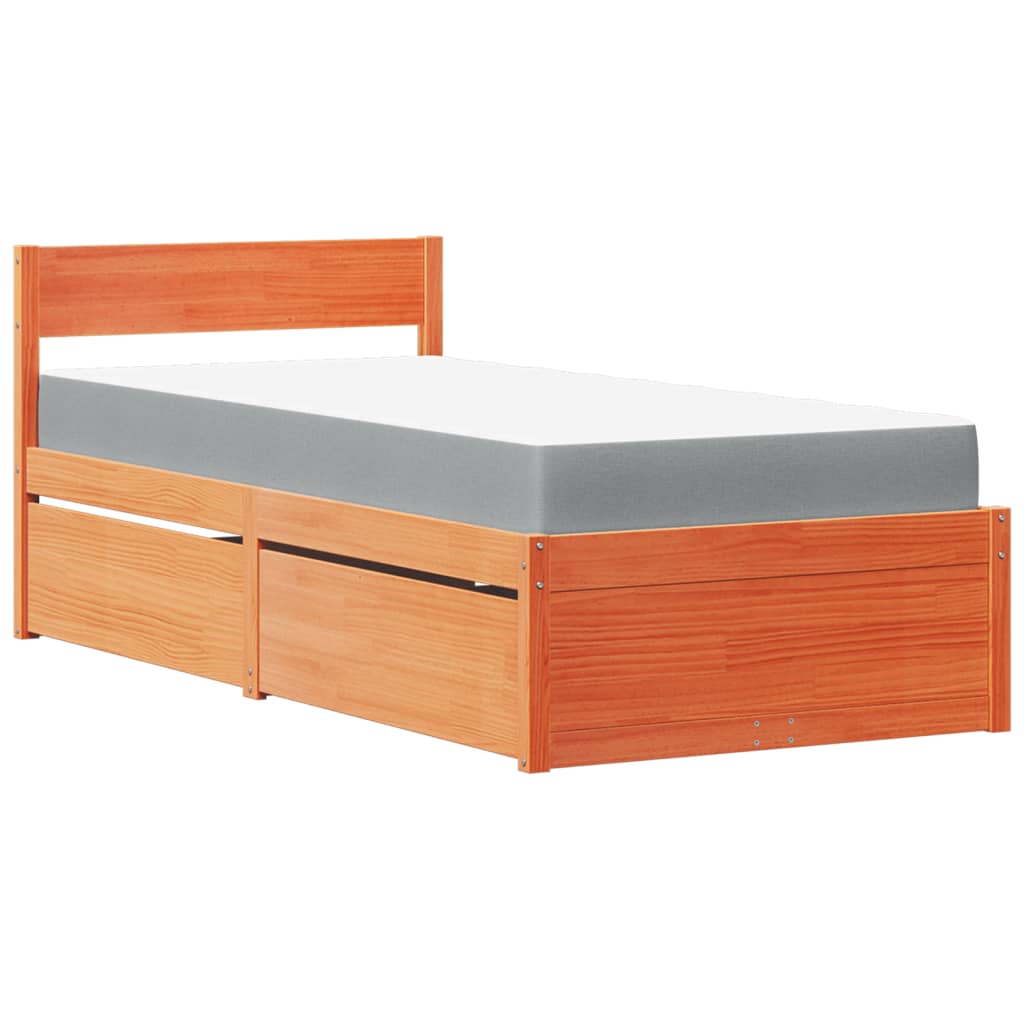 viaszbarna tömör fenyőfa ágy fiókokkal és matraccal 90 x 200 cm