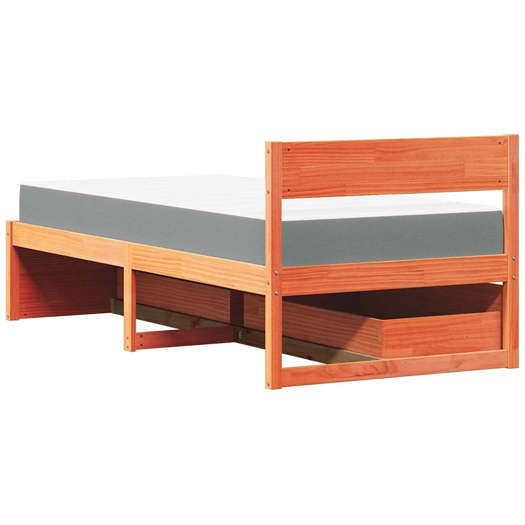 viaszbarna tömör fenyőfa ágy fiókokkal és matraccal 90 x 200 cm