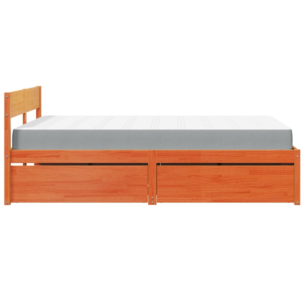 viaszbarna tömör fenyőfa ágy fiókokkal és matraccal 140x190 cm