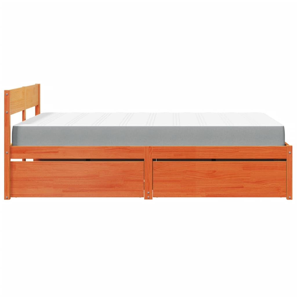 viaszbarna tömör fenyőfa ágy fiókokkal és matraccal 120x190 cm