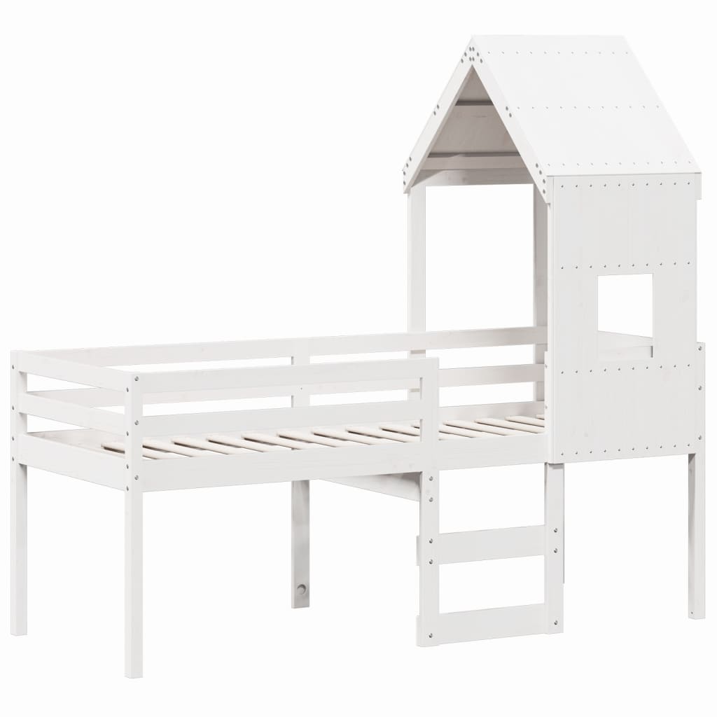 fehér tömör fenyőfa magasított ágy tetővel 90 x 200 cm
